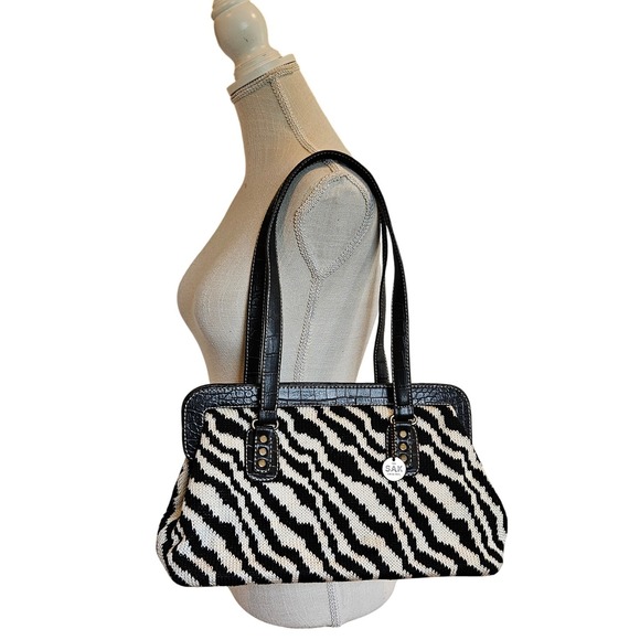The Sak Handbags - The Sak Zebra Print Crochet Shoulder Bag Black White Croc Trim Pink Lining